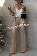 Women's open-front sequin jacket with long sleeves and draped fit
