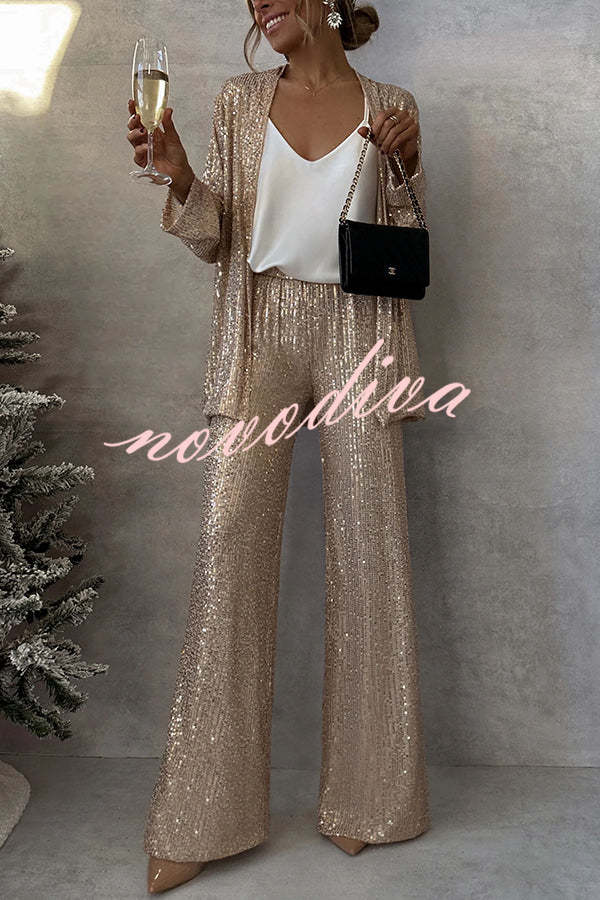 Women's open-front sequin jacket with long sleeves and draped fit
