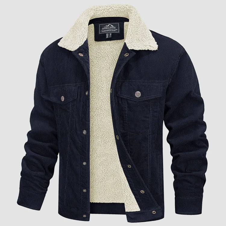 Men's corduroy-style jacket with sherpa-style collar, snap fastening and pockets