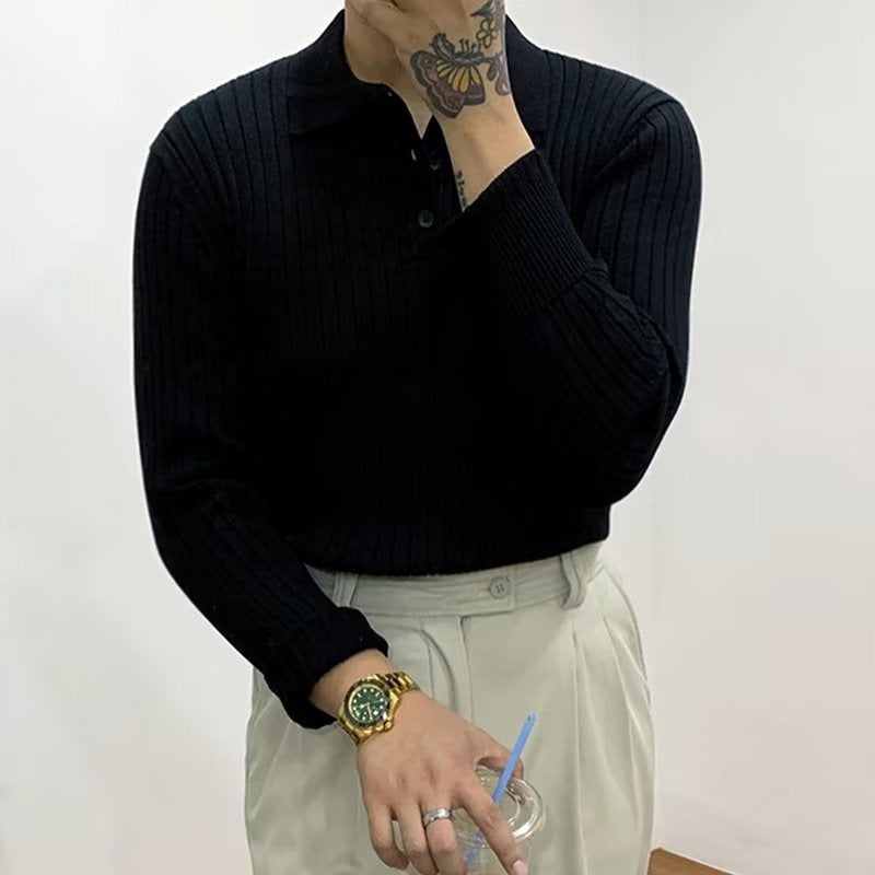 Men's long-sleeve ribbed polo sweater with collared neckline and button placket