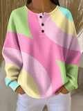 Women's multicoloured geometric crew-neck sweater with long sleeves and button placket