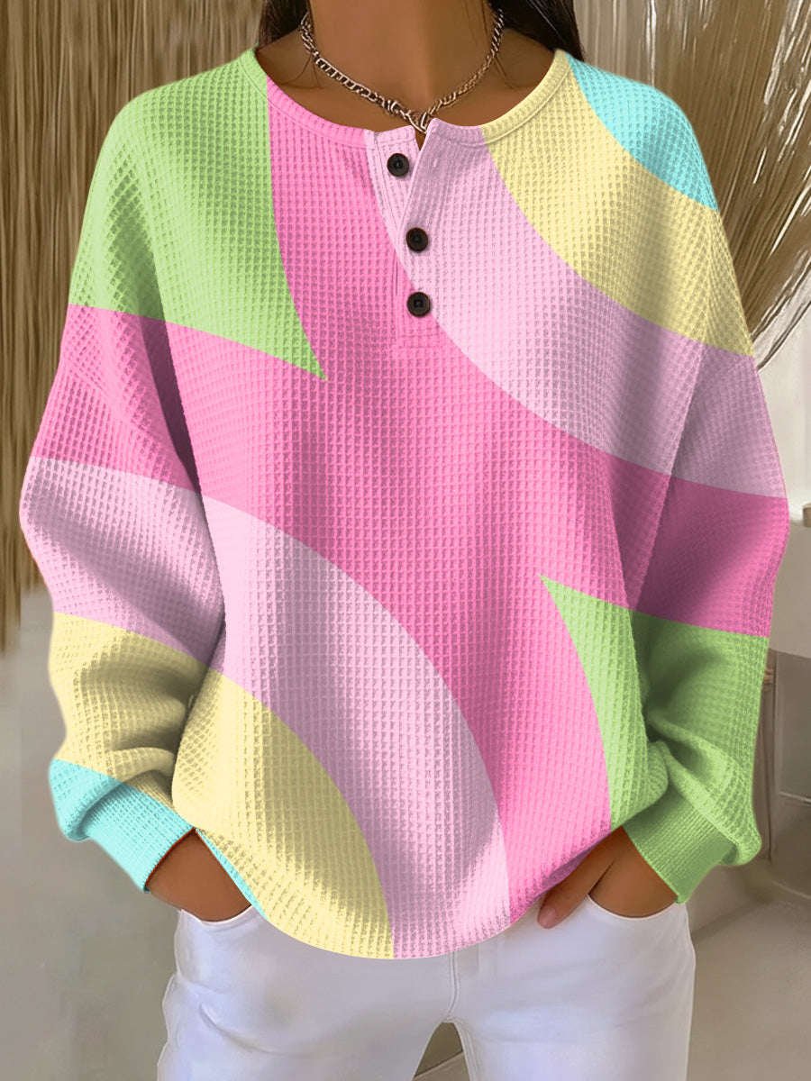 Women's multicoloured geometric crew-neck sweater with long sleeves and button placket