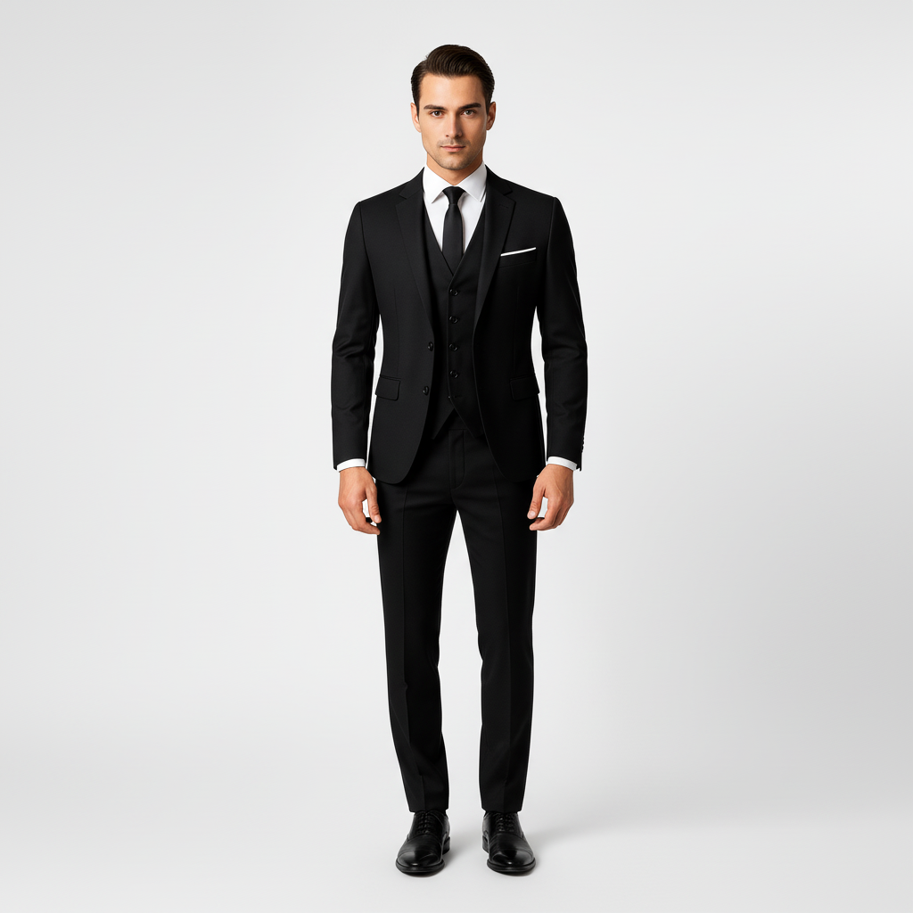 Men's three-piece suit with buttoned waistcoat, notch lapels and tailored jacket