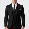 Men's three-piece suit with buttoned waistcoat, notch lapels and tailored jacket