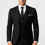 Men's three-piece suit with buttoned waistcoat, notch lapels and tailored jacket