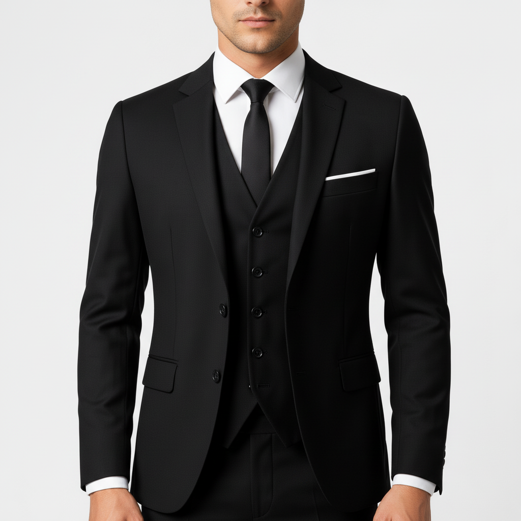 Men's three-piece suit with buttoned waistcoat, notch lapels and tailored jacket