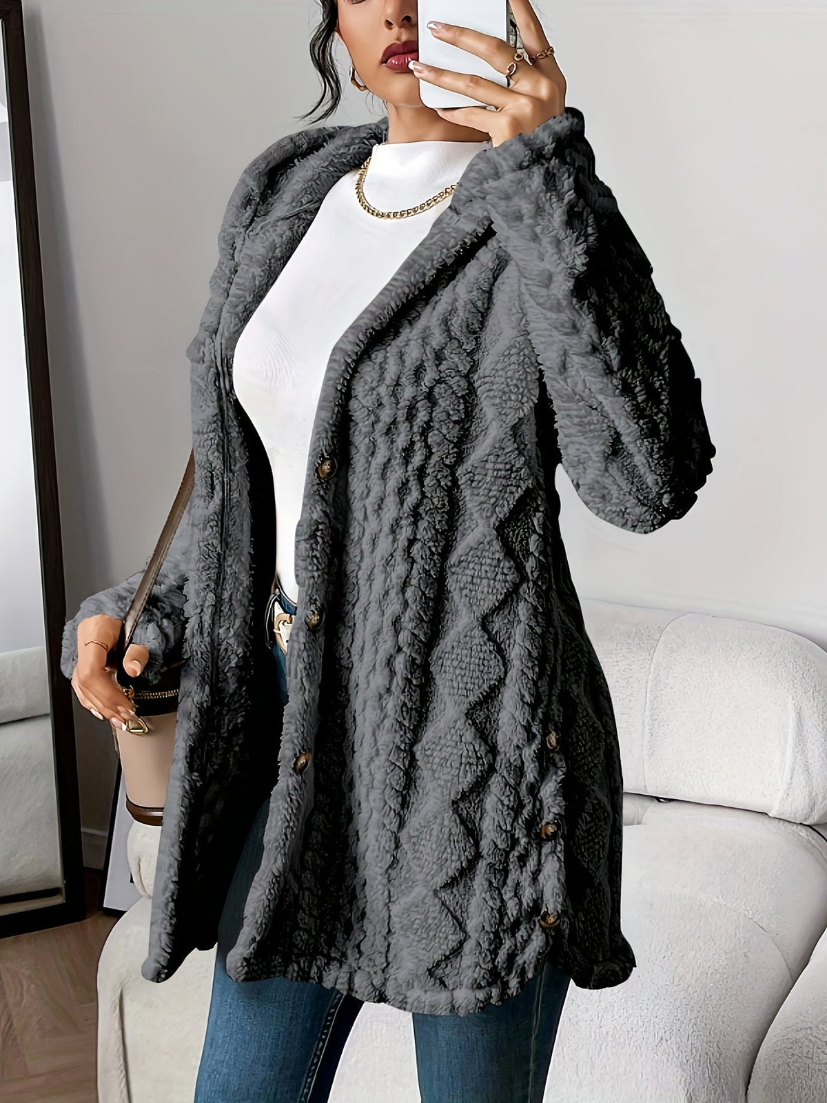 Women's hooded textured cardigan with long sleeves, button front and side pockets