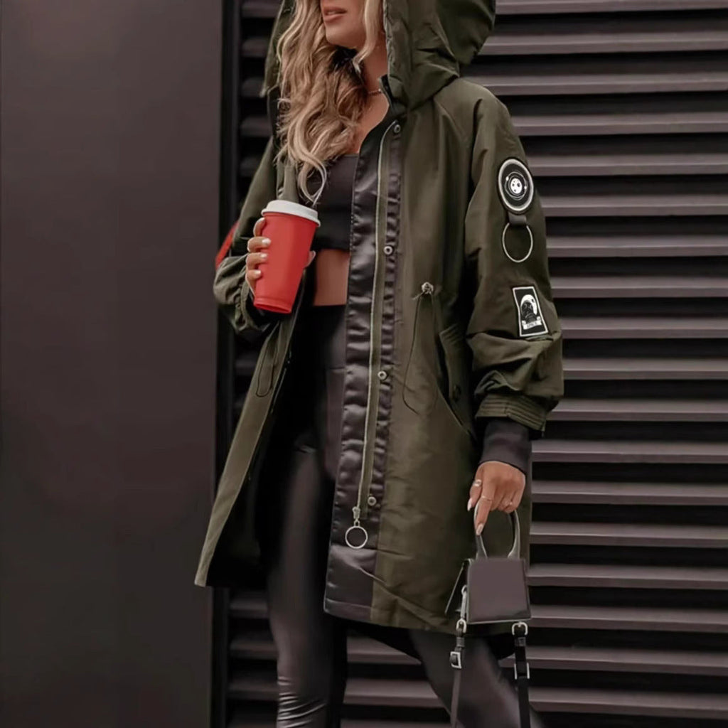 Women's olive green hooded mid-length parka coat with zip front and ribbed cuffs