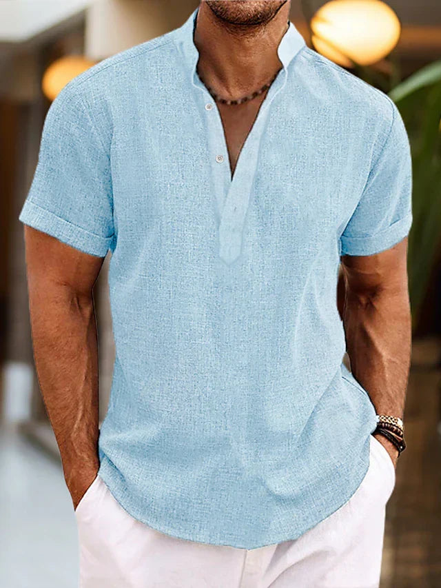 Men's short sleeve Henley shirt with Mandarin collar and textured finish