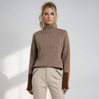 Women's herringbone turtleneck jumper with contrasting striped long sleeves
