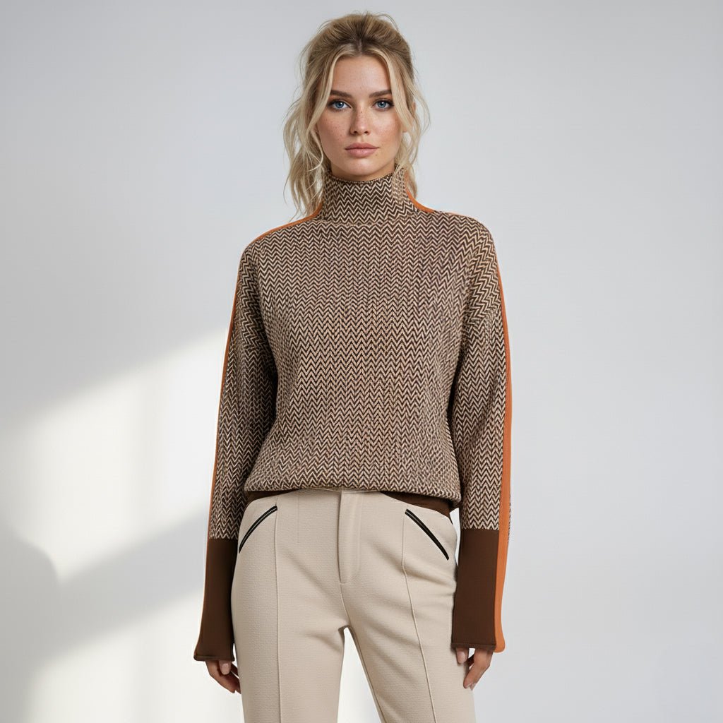 Women's herringbone turtleneck jumper with contrasting striped long sleeves