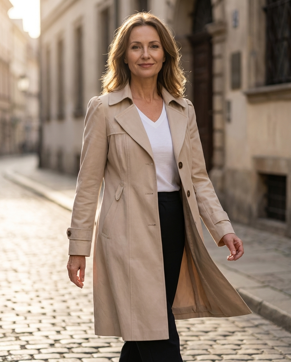 Women's longline trench coat with notched lapels, button front and cuff tabs