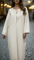 Women's white oversized longline coat with round neck and long sleeves