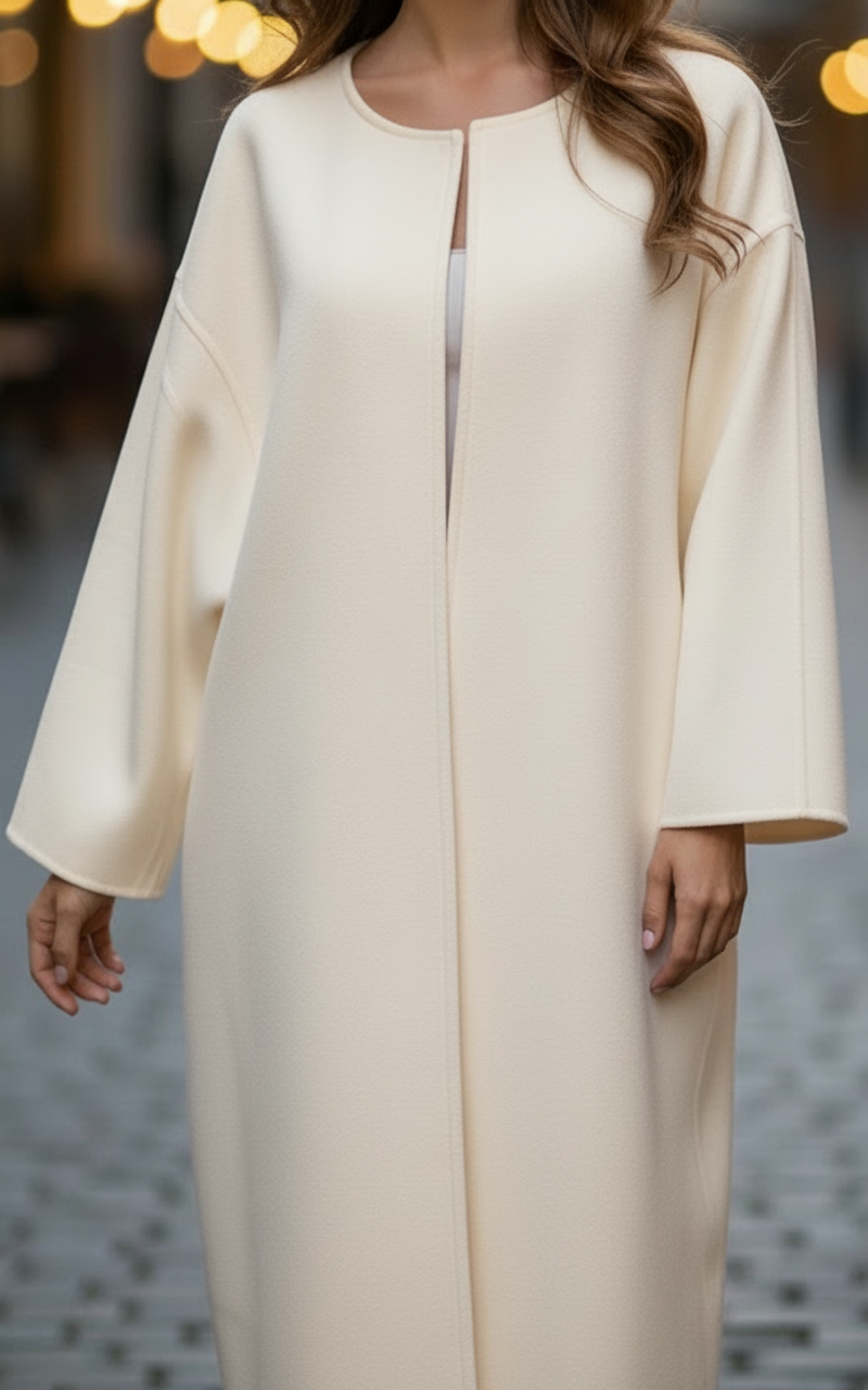 Women's white oversized longline coat with round neck and long sleeves