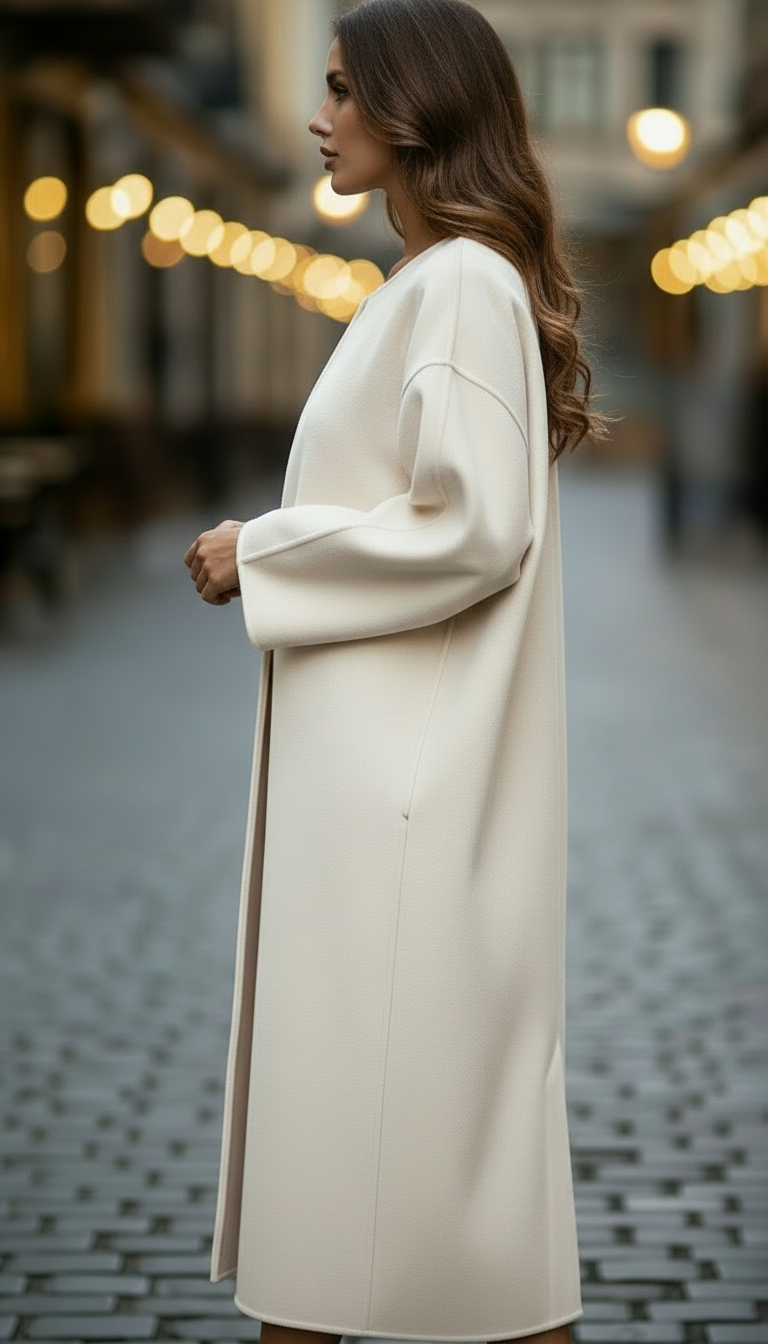 Women's white oversized longline coat with round neck and long sleeves