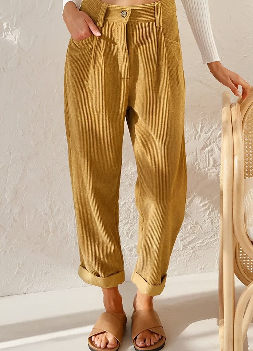 Women's high-waisted ribbed trousers with straight cropped legs and turned-up cuffs