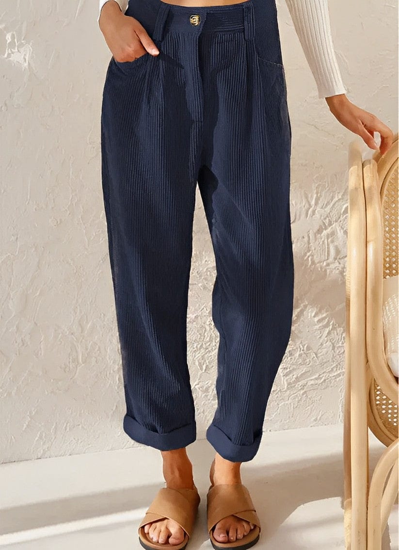 Women's high-waisted ribbed trousers with straight cropped legs and turned-up cuffs