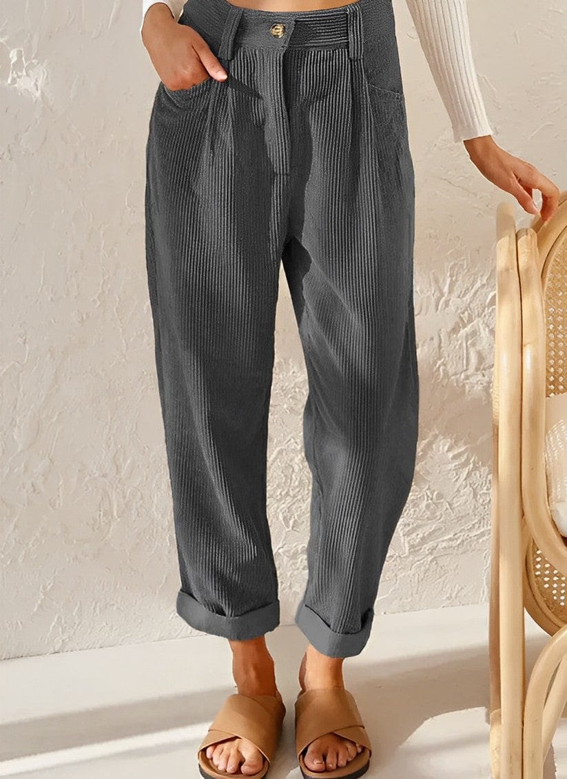 Women's high-waisted ribbed trousers with straight cropped legs and turned-up cuffs