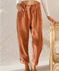 Women's high-waisted ribbed trousers with straight cropped legs and turned-up cuffs