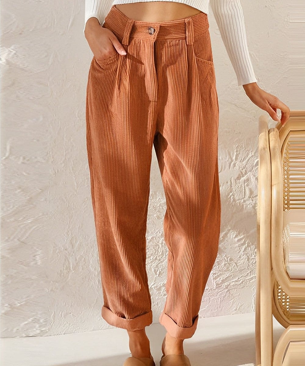 Women's high-waisted ribbed trousers with straight cropped legs and turned-up cuffs
