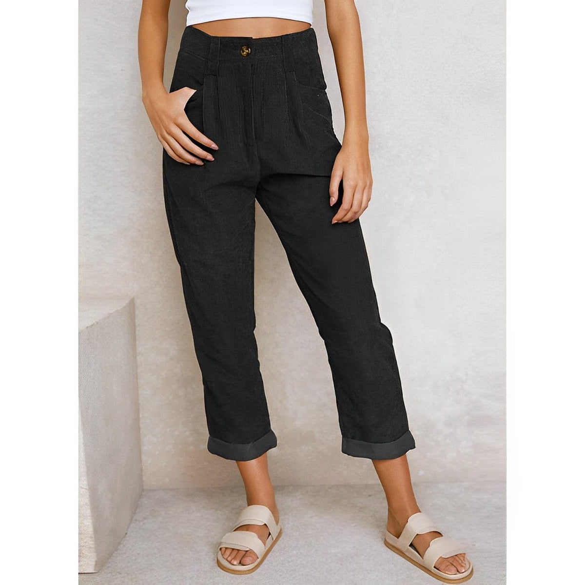 Women's high-waisted ribbed trousers with straight cropped legs and turned-up cuffs
