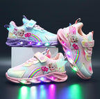 Children's light-up sneakers with rainbow graphics and colourful sole lights