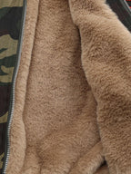 Green camouflage hooded jacket with tan fur-effect trim and red embroidery