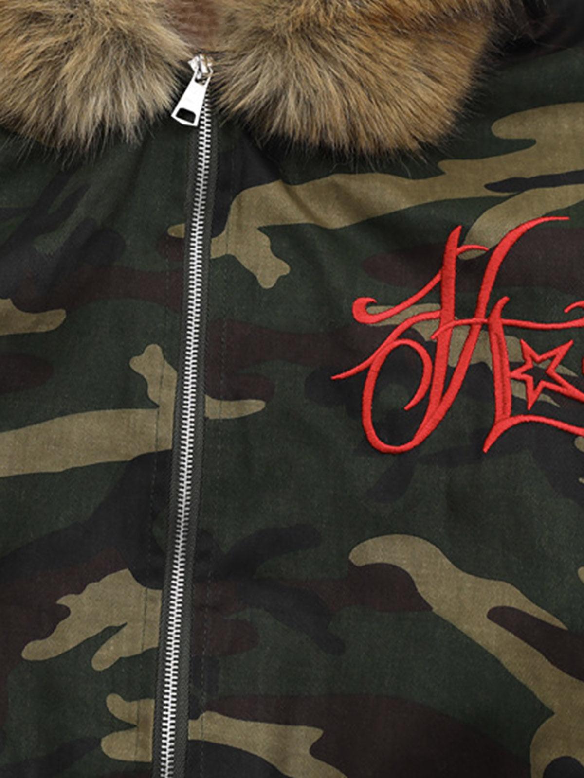 Green camouflage hooded jacket with tan fur-effect trim and red embroidery