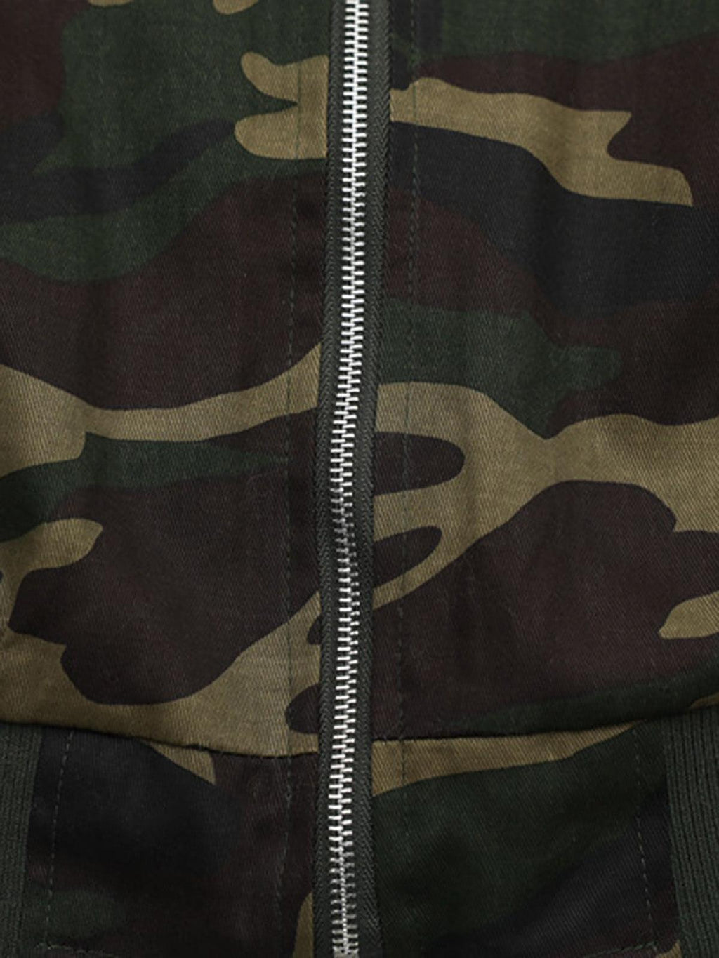 Green camouflage hooded jacket with tan fur-effect trim and red embroidery