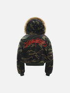 Green camouflage hooded jacket with tan fur-effect trim and red embroidery