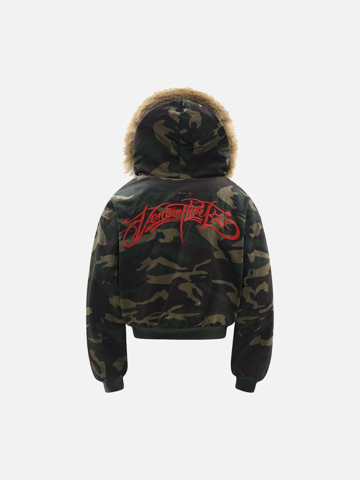Green camouflage hooded jacket with tan fur-effect trim and red embroidery