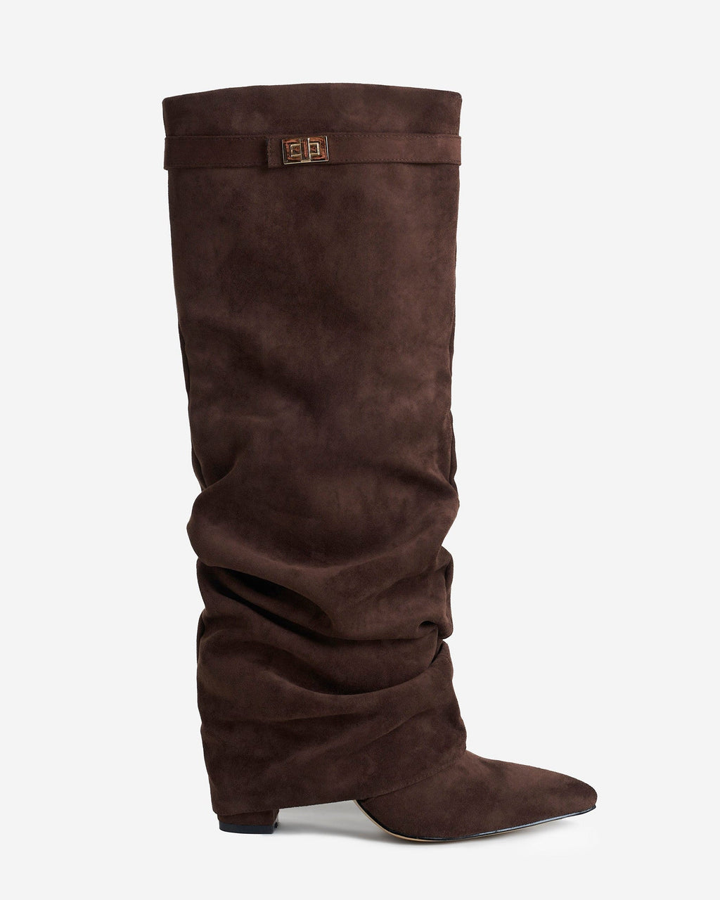 Women's brown slouchy knee-high boots with pointed toes, low heels and buckle straps
