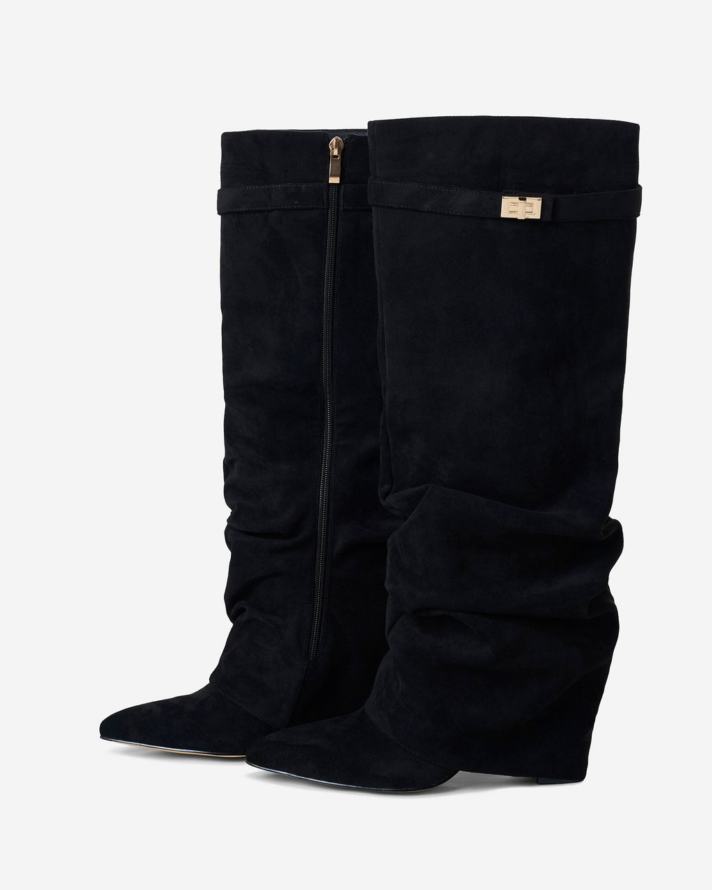 Women's black slouchy knee-high boots with pointed toes and buckle strap details