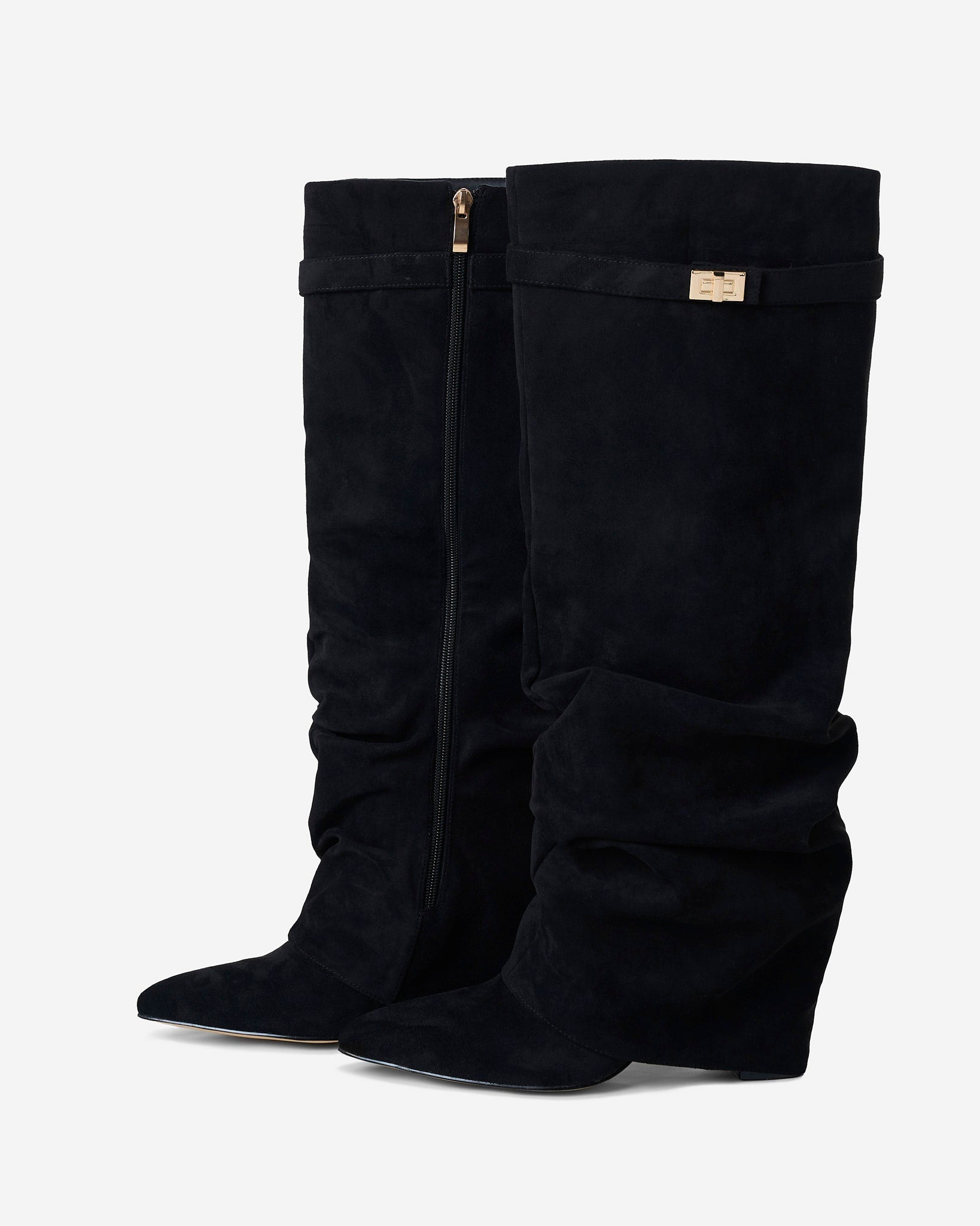 Women's black slouchy knee-high boots with pointed toes and buckle strap details