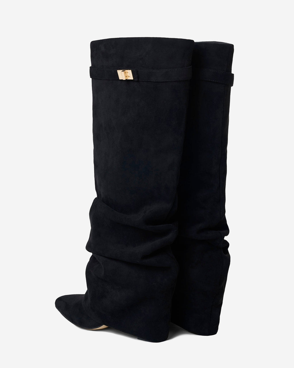 Women's black slouchy knee-high boots with pointed toes and buckle strap details
