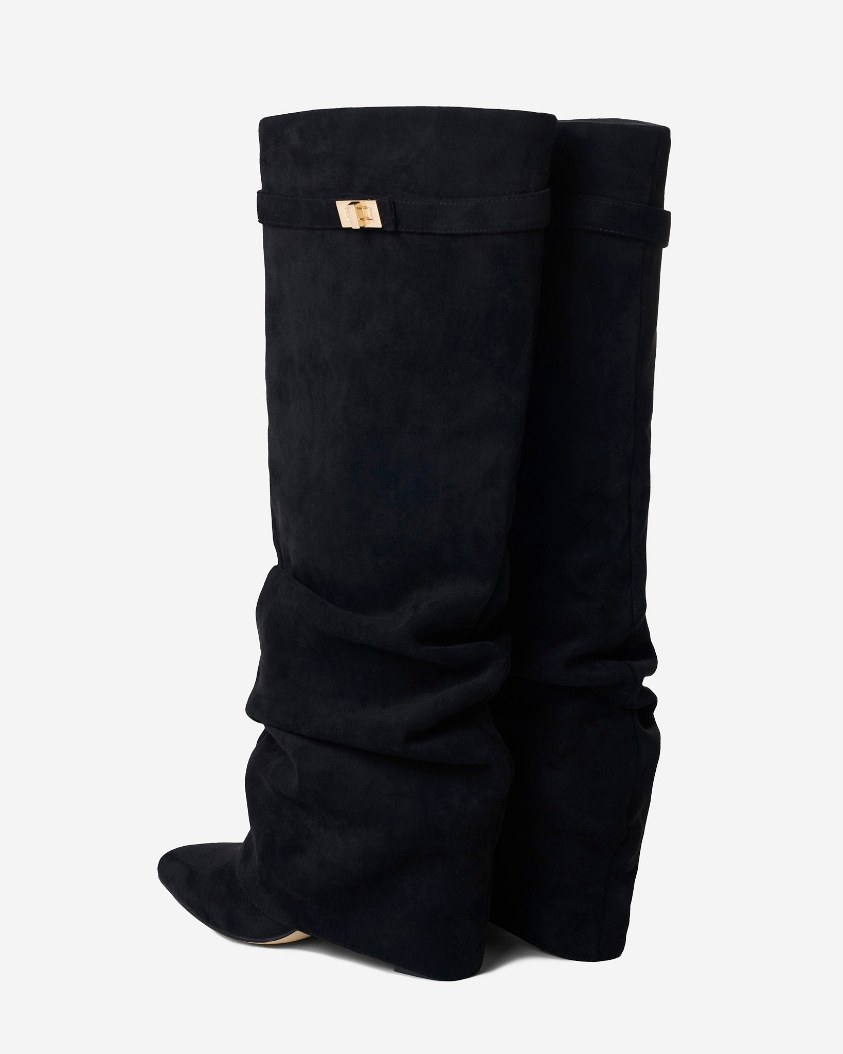 Women's black slouchy knee-high boots with pointed toes and buckle strap details