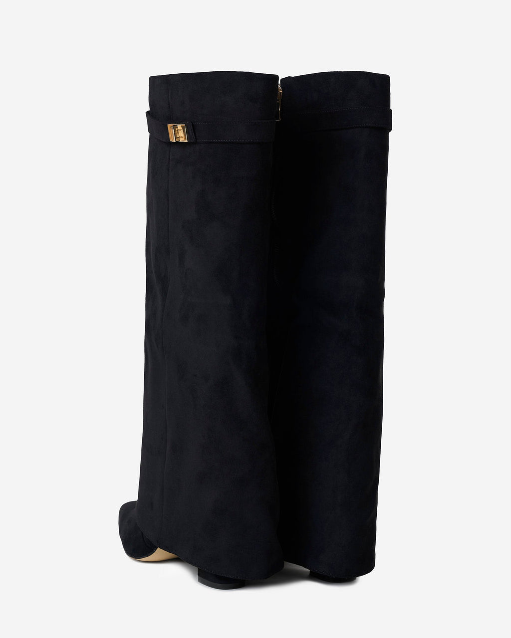 Women's black knee-high boots with pointed toes, low heels and buckle strap details
