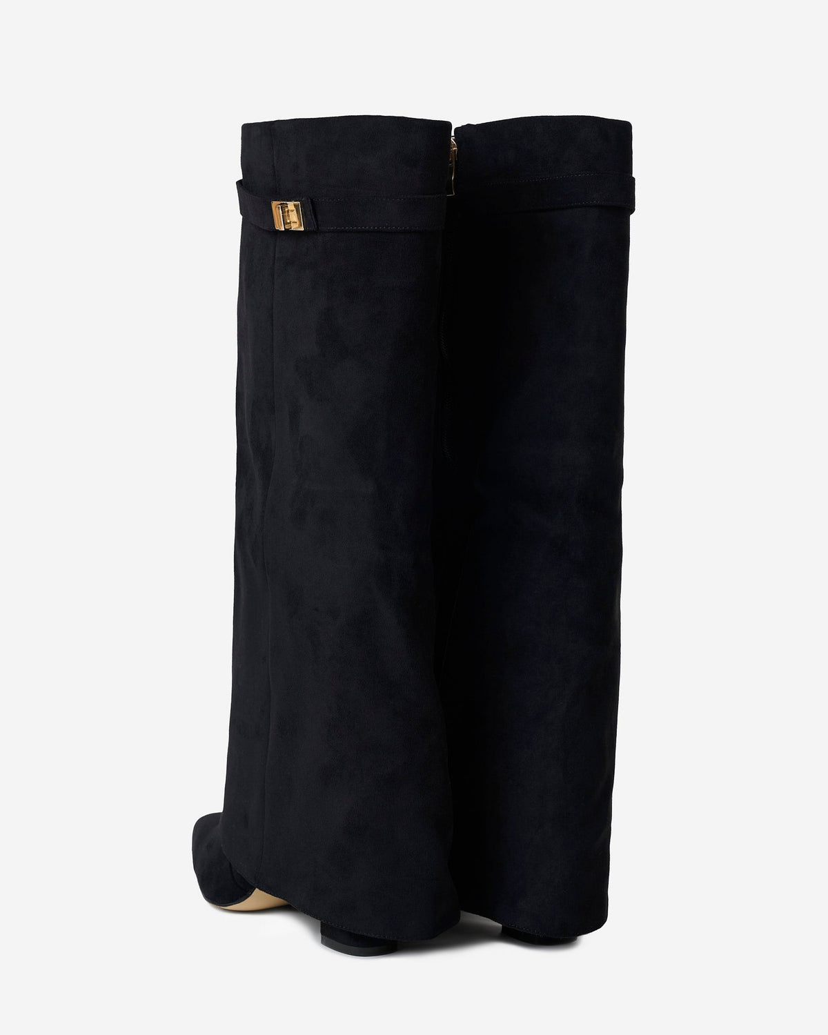 Women's black knee-high boots with pointed toes, low heels and buckle strap details