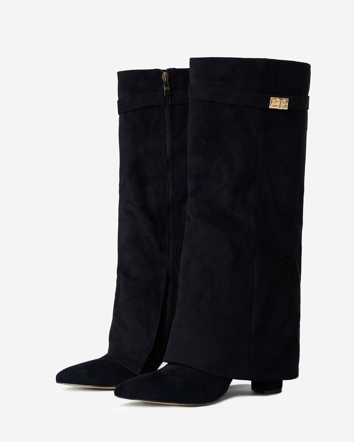 Women's black knee-high boots with pointed toes, low heels and buckle strap details