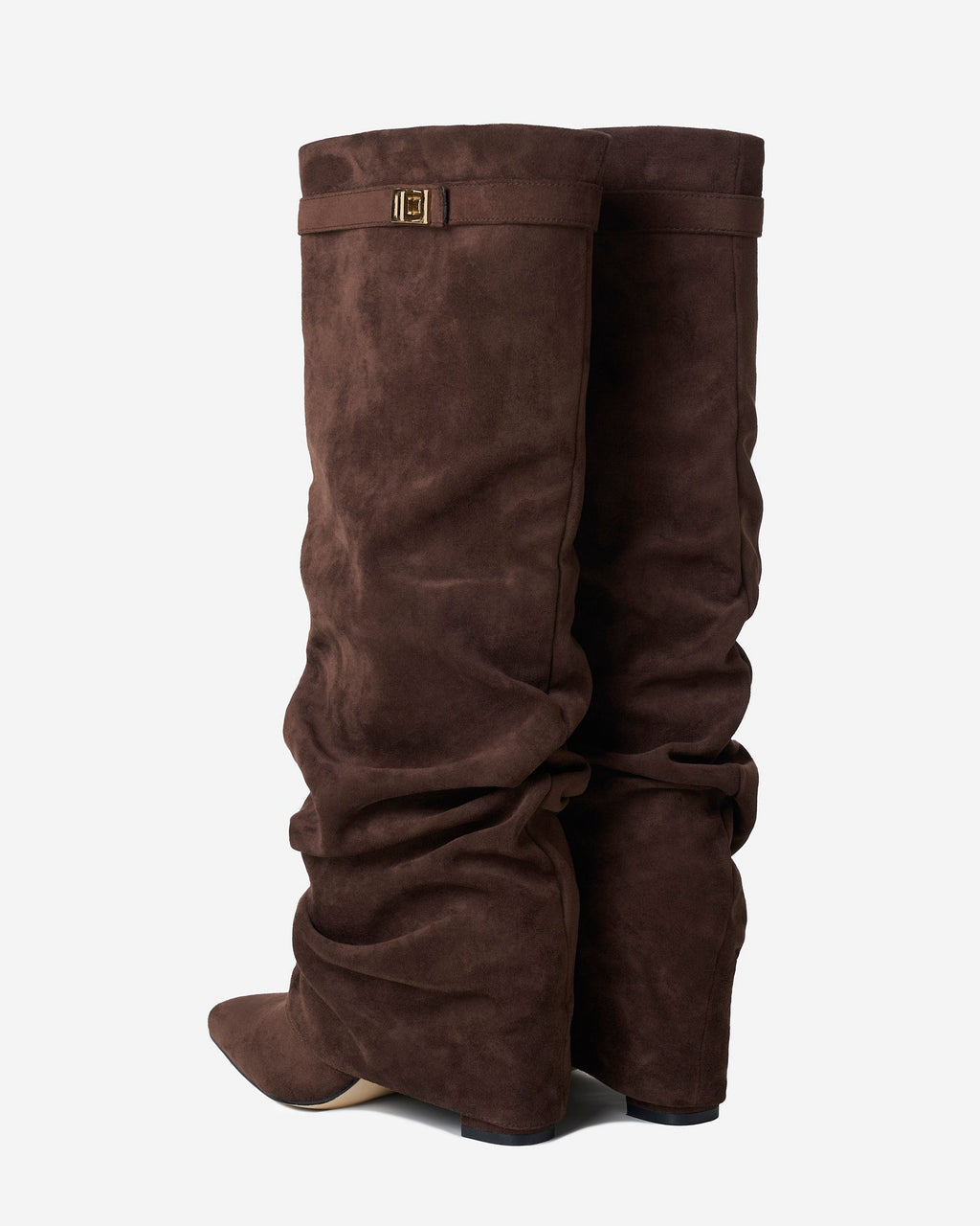 Women's brown slouchy knee-high boots with pointed toes, low heels and buckle straps