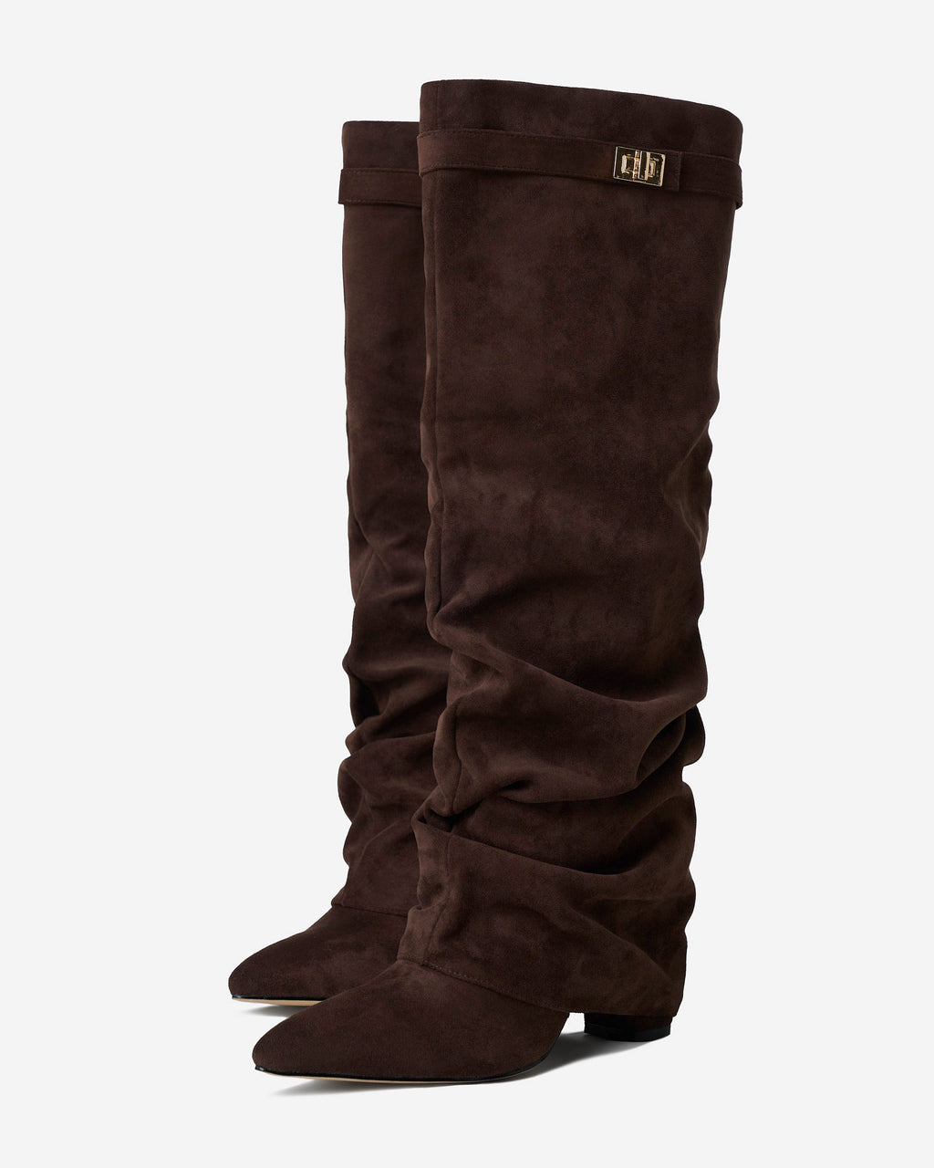 Women's brown slouchy knee-high boots with pointed toes, low heels and buckle straps