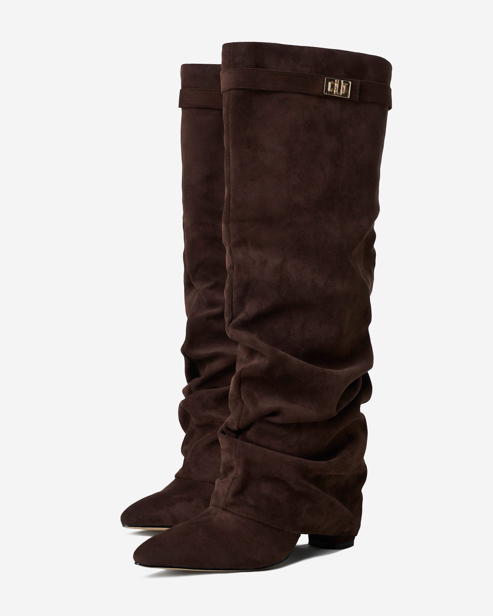 Women's brown slouchy knee-high boots with pointed toes, low heels and buckle straps