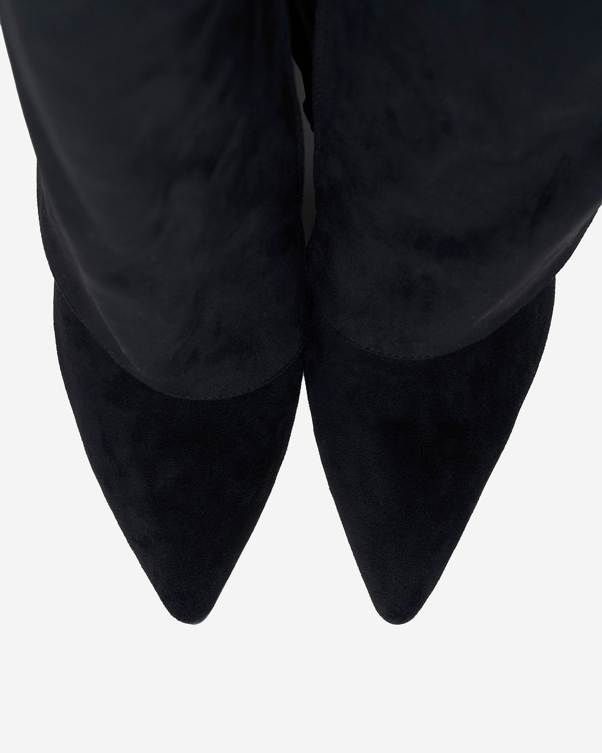 Women's black knee-high boots with pointed toes, low heels and buckle strap details