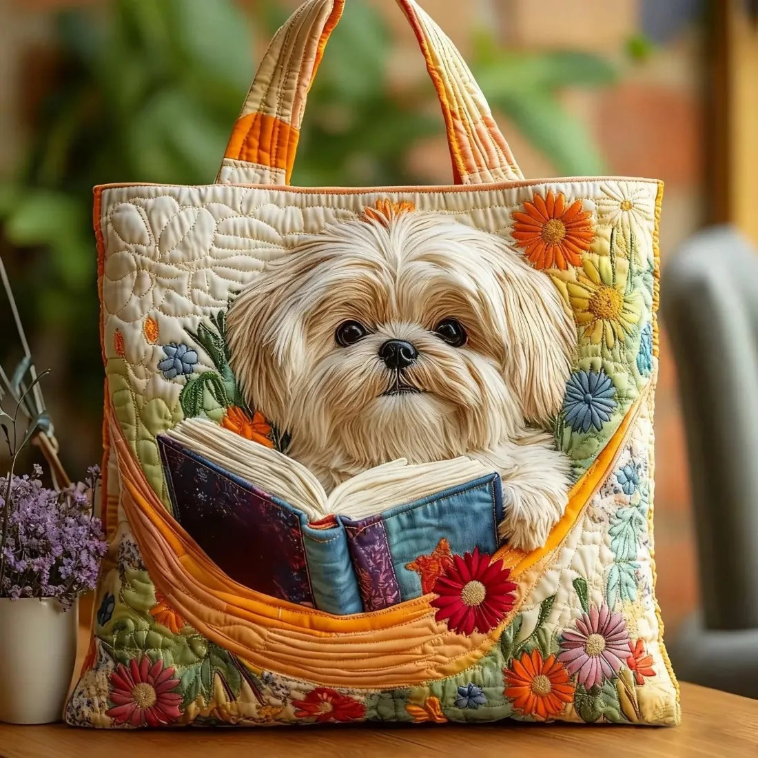 Patterned quilted women's tote bag with twin handles