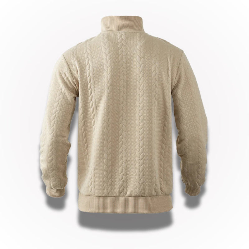 Men's quarter-zip cable knit jumper with mock neck and long sleeves