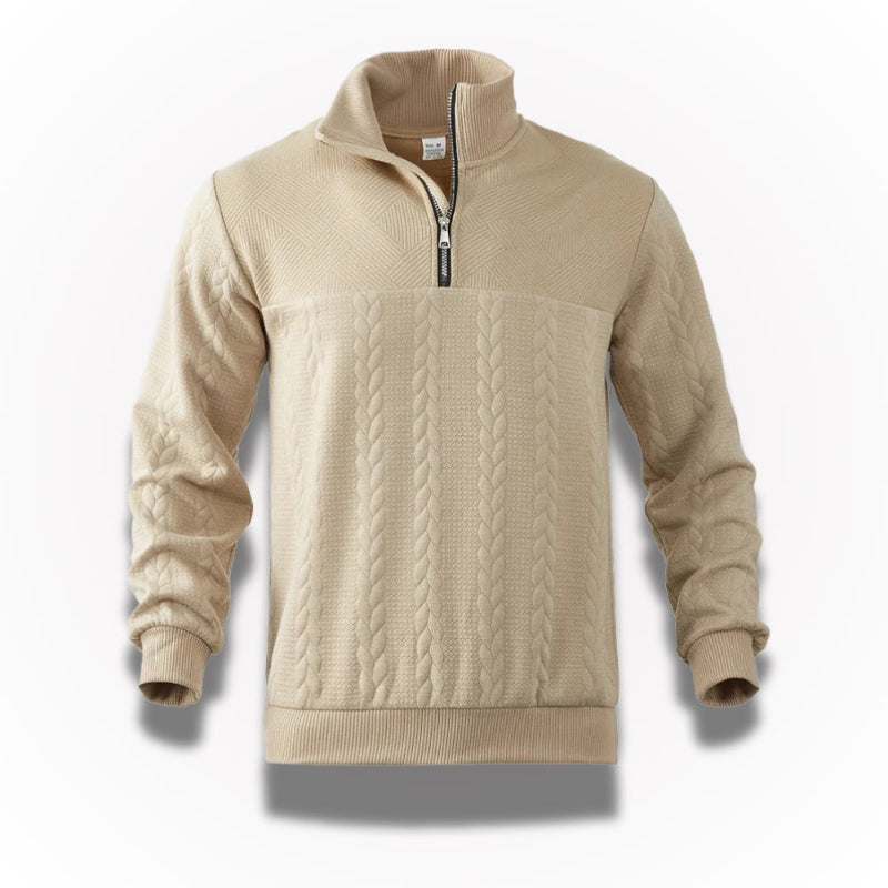 Men's quarter-zip cable knit jumper with mock neck and long sleeves