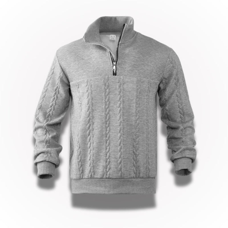 Men's quarter-zip cable knit jumper with mock neck and long sleeves