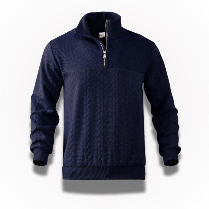 Men's quarter-zip cable knit jumper with mock neck and long sleeves