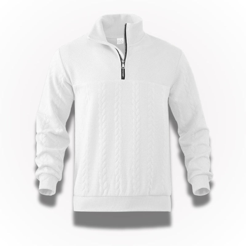 Men's quarter-zip cable knit jumper with mock neck and long sleeves