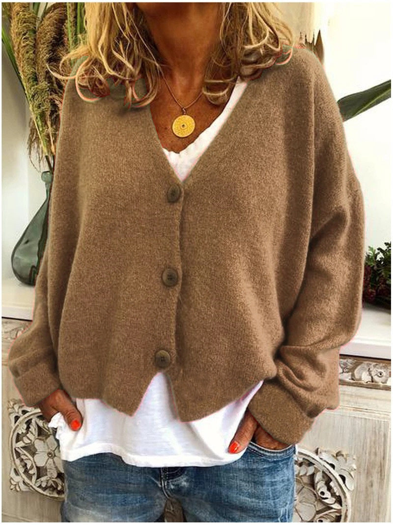 Women's long-sleeve V-neck button cardigan with ribbed cuffs and hem